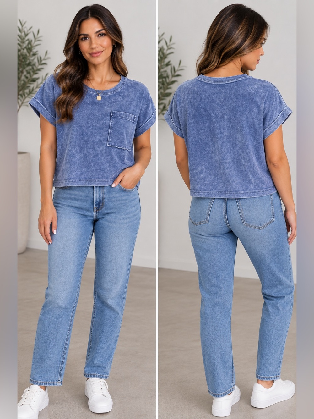 Zenana - Washed Cropped Pocket Tee- Navy